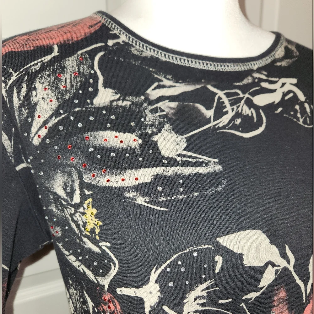 Jess & Jane Embelished Short Sleeve Cotton Blouse Shirt Rhinestone Floral Sz M - Picture 6 of 11